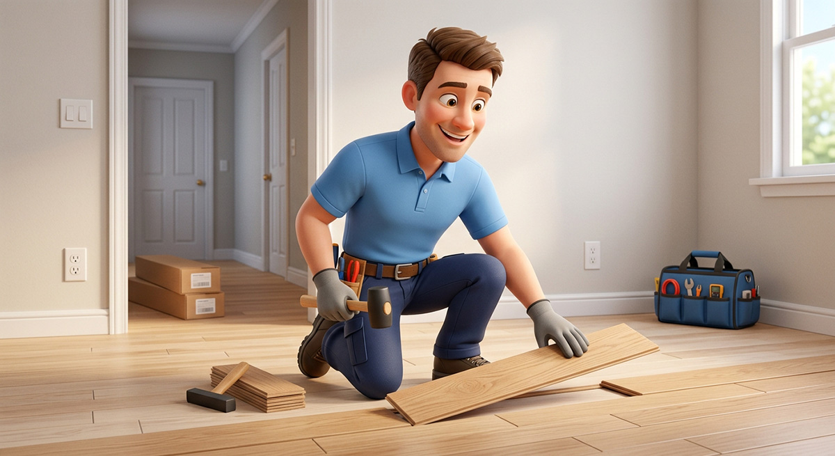 Illustrated technician kneeling to install wood flooring planks inside a bright home
