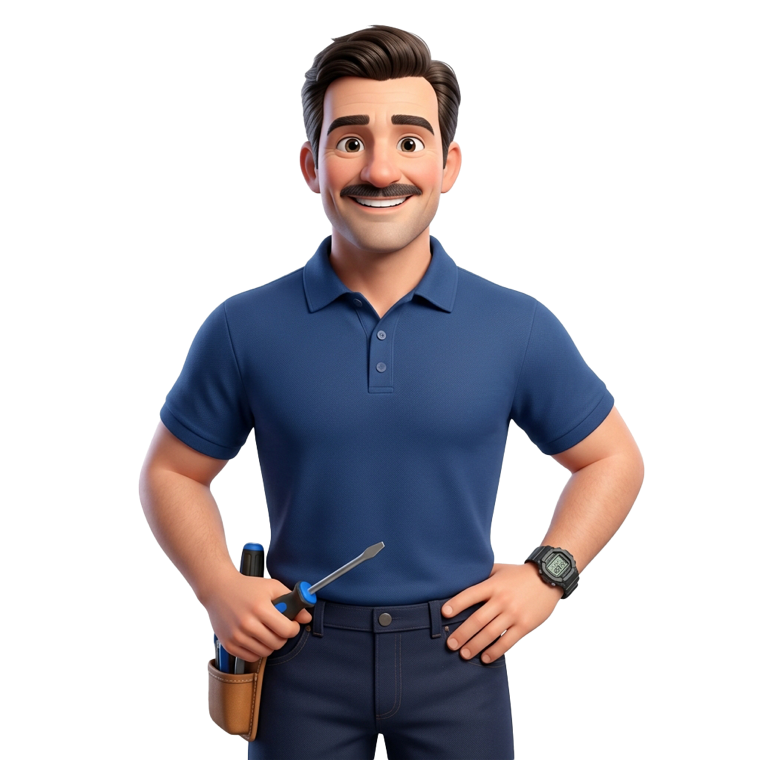 Illustrated technician character in a navy polo shirt with a tool belt and a screwdriver