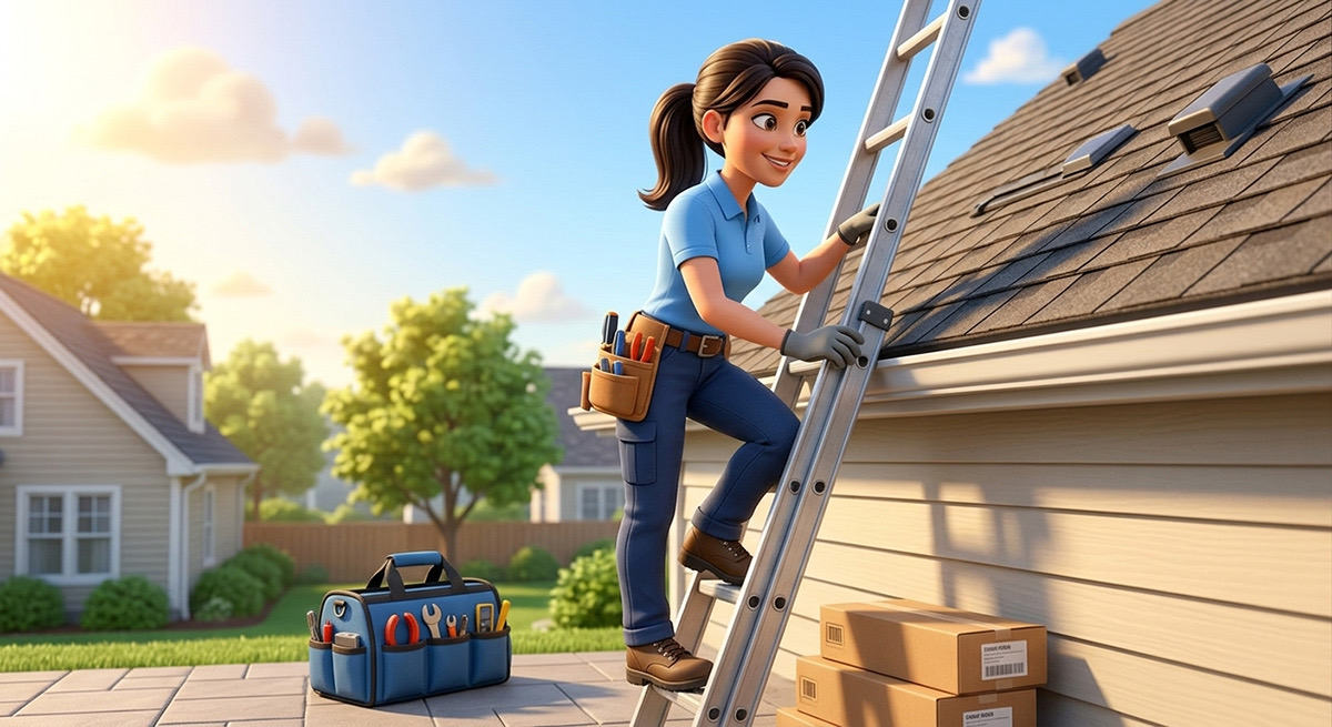 Illustrated technician climbing a ladder at the roofline of a house, tool bag on the patio below