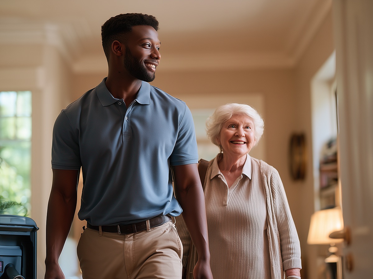 Smiling technician walking through a bright home with a smiling older homeowner