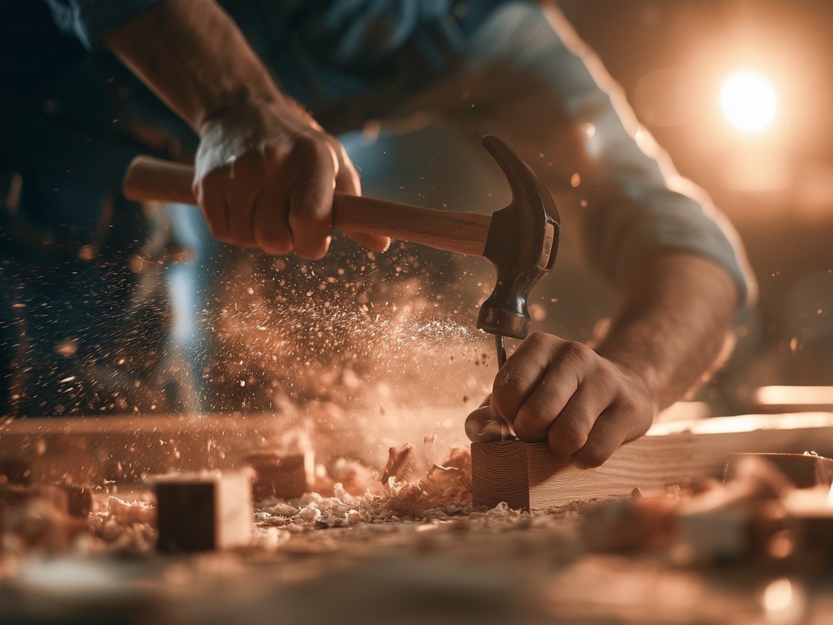 Close-up of hands driving a nail into lumber with a hammer, sawdust in the air