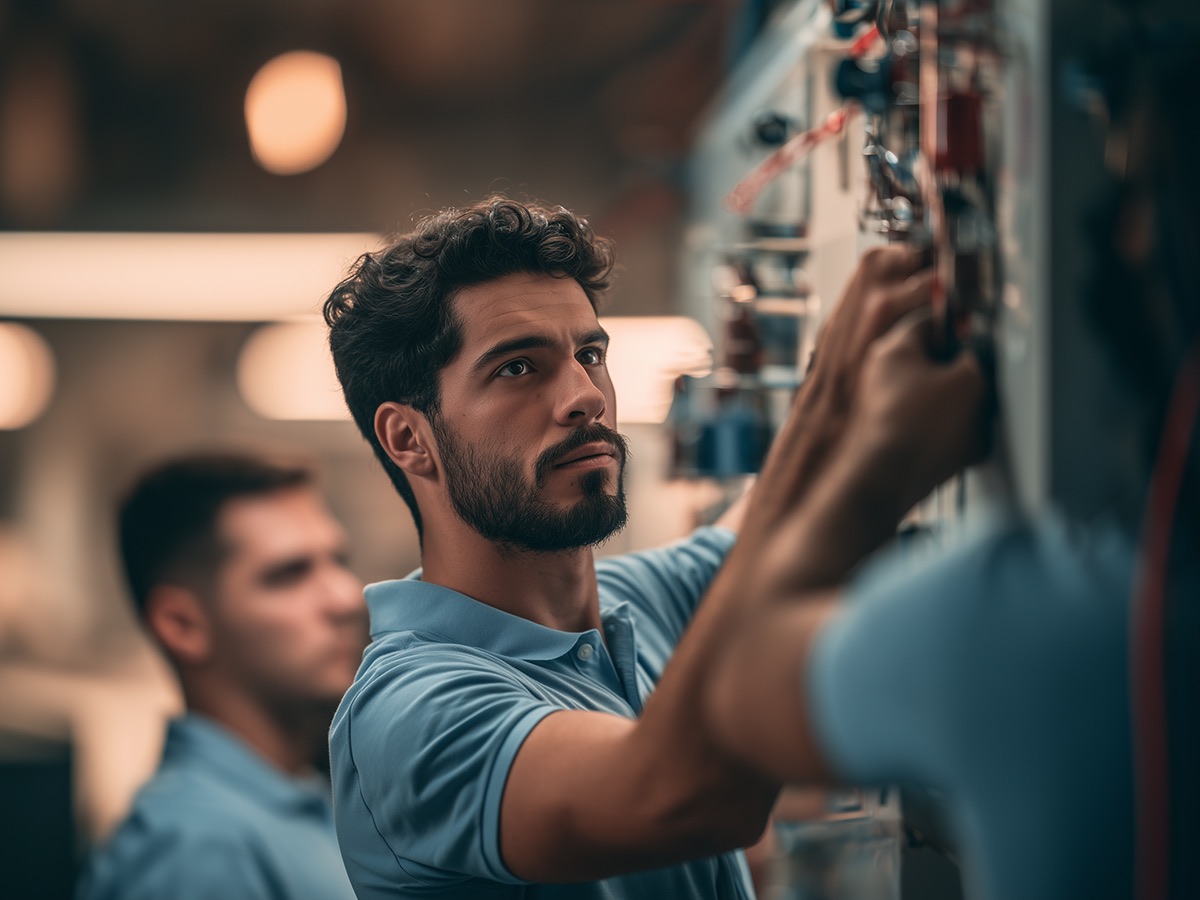 Focused technician working on a wall-mounted system while a senior professional's hands guide the work and a colleague watches from behind