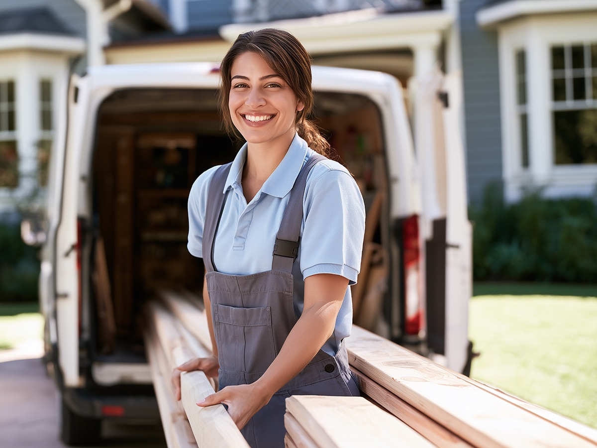 Smiling technician in overalls unloading lumber from the back of a work van in front of a house