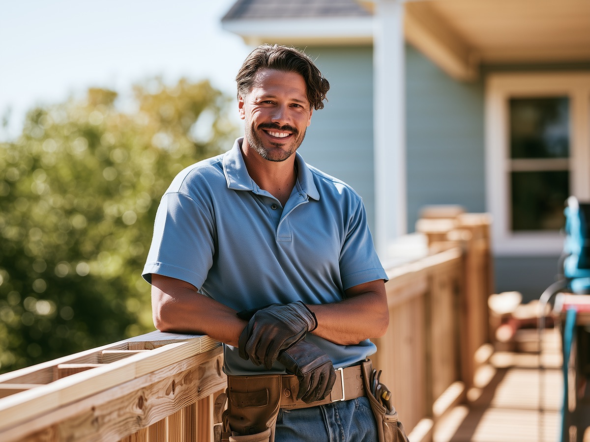 Smiling professional with a tool belt and work gloves leaning on a new wooden deck railing outside a home
