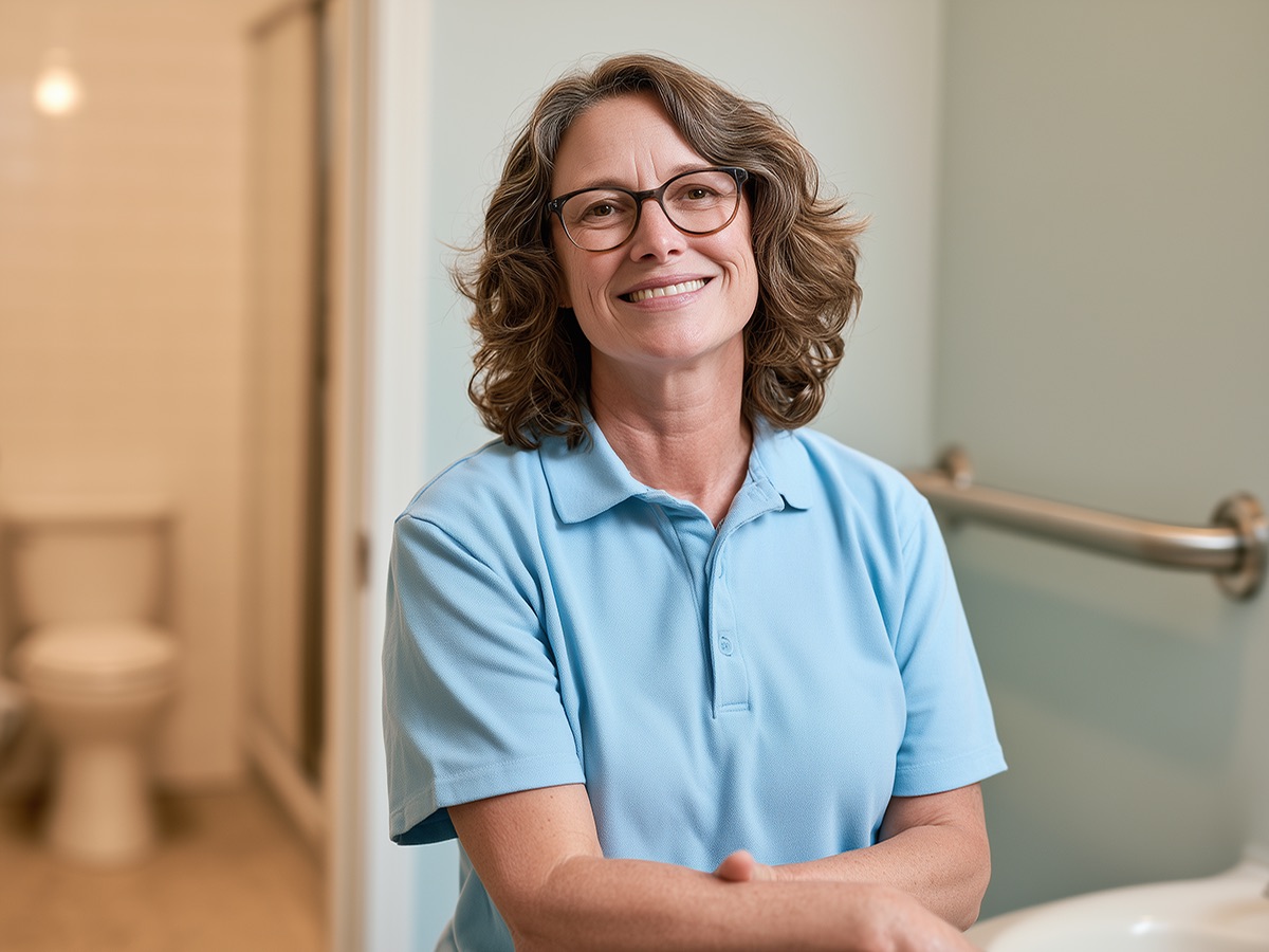 Smiling technician in a light blue polo in an accessible bathroom with a stainless grab bar on the wall