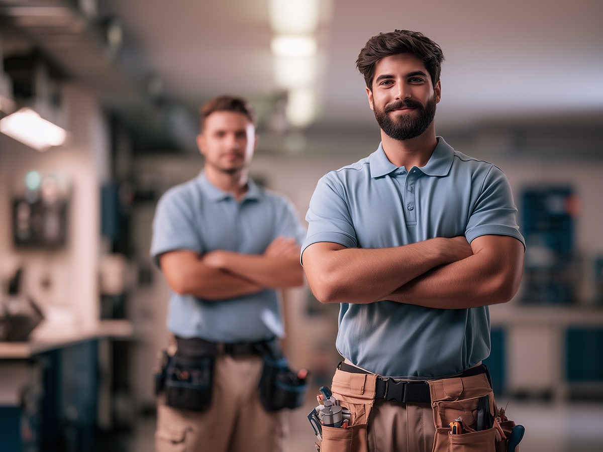 Two technicians in light blue polo shirts with tool belts standing together, one in focus in front and one behind