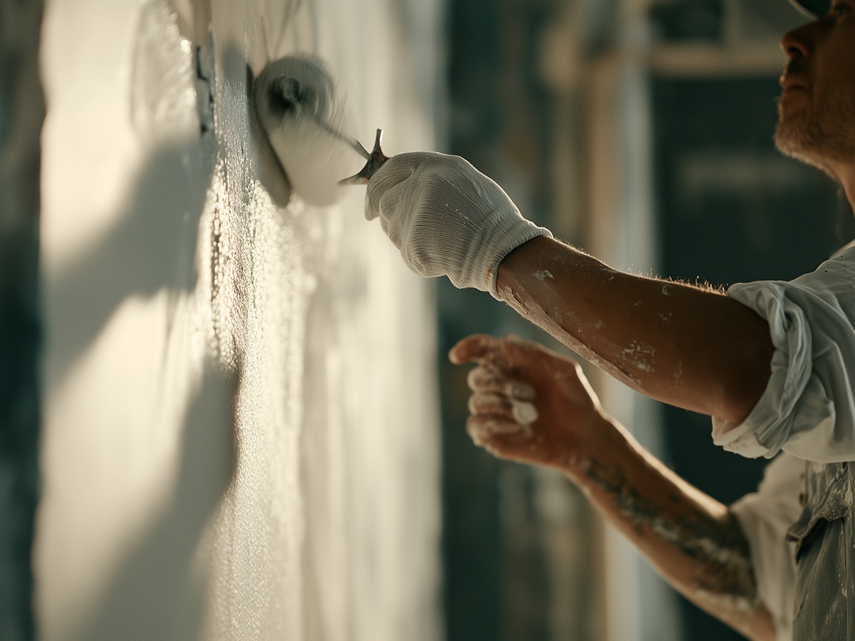 Technician smoothing the finish on an interior wall in soft natural light
